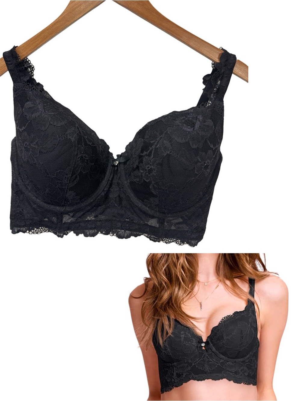 Victoria's Secret Long Lined Lace Demi Bustier Bra Black Lace Underwire 36DD
